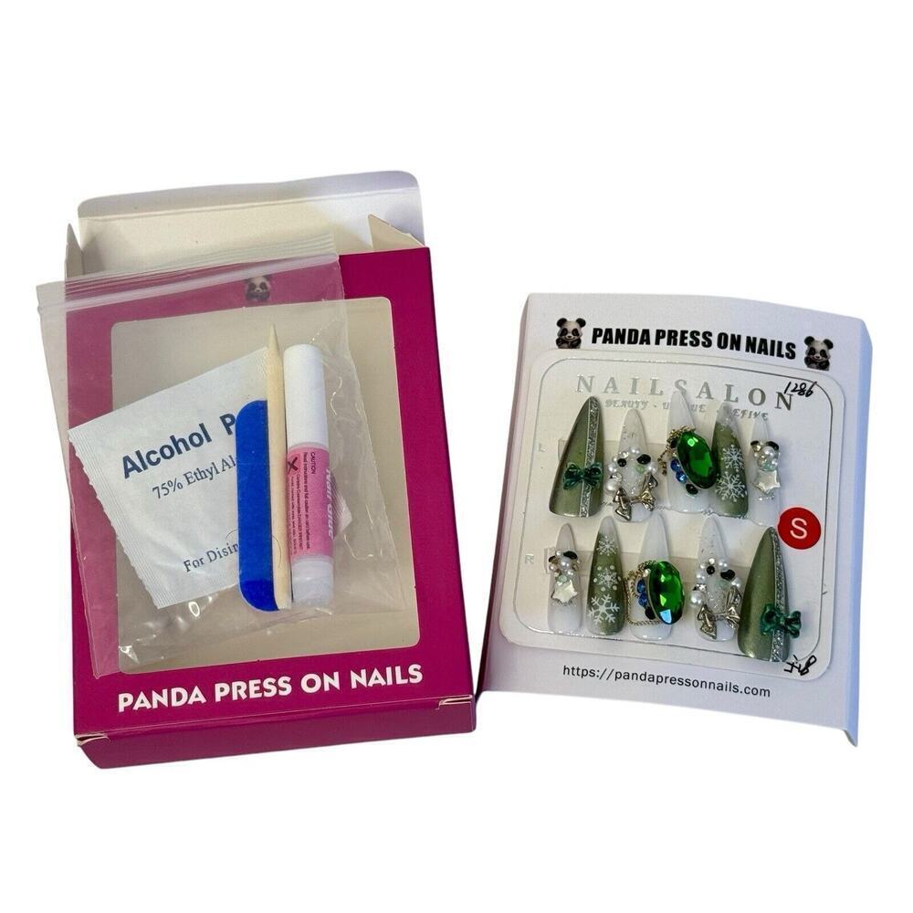 PANDA PRESS ON NAILS Wicked Green Jade Gems Rhinestones Bows Pearls Full Set - Picture 4 of 5